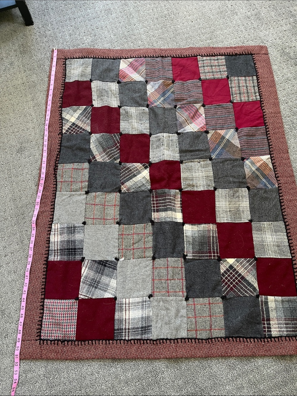 Vintage Handmade Soft Patchwork Throw Blanket in Burgundy, Gray & Plaid 52”x40 - Picture 2 of 4
